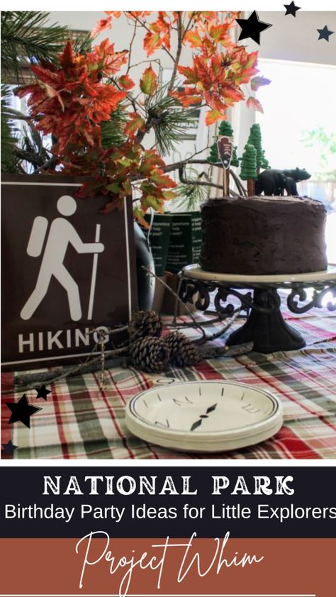 Conservation Themed Party, Outdoor Themed Birthday Party For Adults, State Park Themed Party, Adventure Table Decorations, Camp Birthday Party Ideas For Adults, Hiking Birthday Theme, Hiking Retirement Party, National Forest Birthday Party, Camping Birthday Party Decor