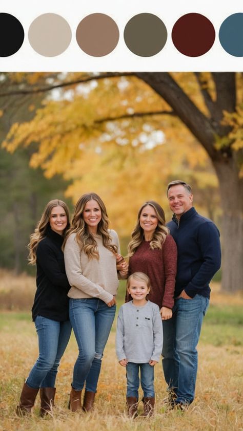 Looking for the perfect fall family picture outfit ideas in 2024 Check out these casual and cozy suggestions for your outdoor photoshoot From classic denim and black to trendy olive green and neutral tones we have plenty of stylish options for everyone Mom's best mustard yellow accessories will add a pop of color to your family ensemble Schedule your session now for picture-perfect memories Fall Family Pictures Outfits 6 People, November Family Pictures Color Scheme, Navy And Olive Green Family Pictures, 2024 Fall Family Pictures, Color Scheme Fall Family Pictures, Maroon Fall Family Photos, Rust And Black Family Photo Outfits, Matching Outfits For Family Pictures, Outfits For Portraits