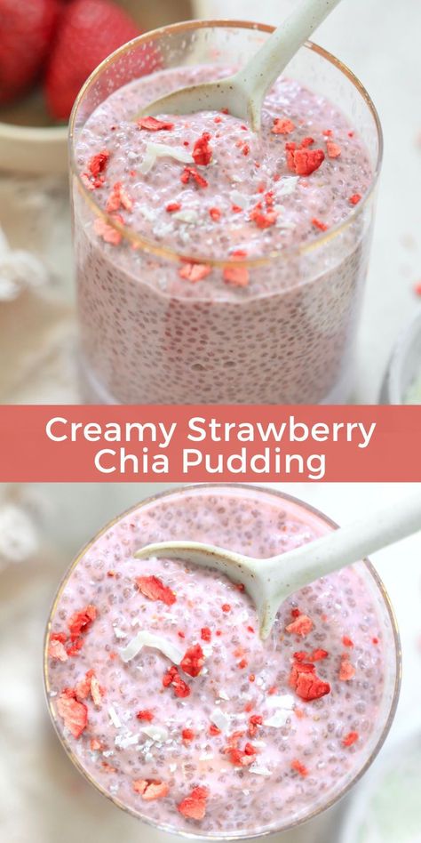 Creamy Strawberry Chia Pudding bursting with strawberry flavor thanks to blended fresh strawberries, almond milk, and strawberry Greek yogurt. Sweetened with a kiss of maple syrup and vanilla, this high fiber blend makes an amazing nourishing snack or filling breakfast! Chia Pudding Smoothie, Overnight Keto Chia Pudding, Chia Seed Jello Pudding, Fresh Strawberry Breakfast Recipes, Low Fodmap Chia Pudding, Cherry Chia Seed Pudding, Chia Pudding Oat Milk, Keto Overnight Oats Chia Pudding, Chocolate Almond Butter Chia Pudding