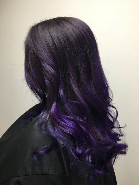 Dark Hair Purple Underneath, Hair Color Ideas For Brunettes With Purple Highlights, Purple Melt Hair, Black And Purple Hair Extensions, Dark Purple On Black Hair, Black Hair With Dark Purple Underneath, Black Hair And Purple Highlights, Black Dark Purple Hair, Purple In Dark Hair