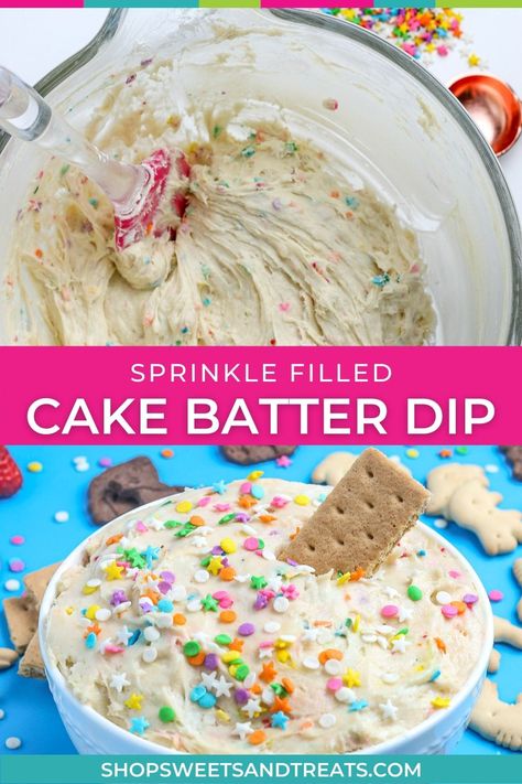 This easy birthday cake batter dip is one of our favorite cake batter dip recipes of all time. It's quick, indulgent, and perfect for sharing! #cakebatterdip #birthdaycakedip #fruitdiprecipe #fruitdip Cool Whip Cake Mix Dip, Cake Dip Funfetti, Birthday Cake Dip Recipes, Edible Cake Batter Recipe, Edible Cake Batter, Walking Desserts, Funfetti Cake Dip, Healthy Birthday Cake Recipes, Confetti Cake Dip