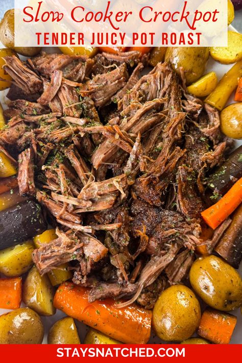 pot roast with potatoes on a plate Shredded Pot Roast Crock Pot, Taste Of Home Slow Cooker Pot Roast, Crockpot Roast Seasoning Easy Recipes, Easy Crockpot Chuck Roast Recipes, Au Jus Pot Roast Crock Pot, Juicy Crockpot Roast, Boston Roast Crockpot, Best Roast For Crockpot, 6 Hour Pot Roast Crockpot