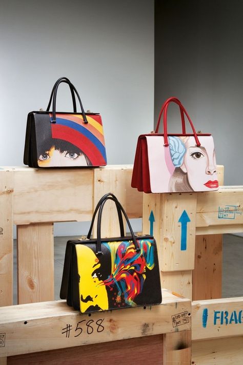 Prada bags. Painted Leather Bag, Painted Handbag, Iphone Bag, Painted Purse, Handpainted Bags, Prada Collection, Painted Bags, W Magazine, Art Bag