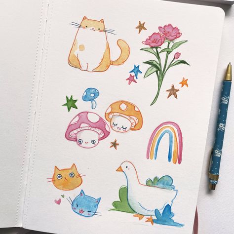 Simple Drawing Color Pencil, Cute Doodles Watercolor, Doodles With Watercolor, Watercolor Pencil Illustration, Cute Watercolour Doodles, Simple Watercolor Pencil Ideas, Cute Color Pencil Drawing, Cute Marker Doodles, Simple Watercolor Doodles