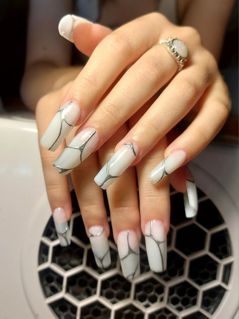 trendy nails, milky nails with silver paint, milky white nails, nail extension, long square nails, silver gel paint, gel polish, gel nails 2023, aesthetic design Nails Extension Designs White, Milky White Nails With Silver Design, Milky White Silver Nails, Milky White Nails With Design Square, Milky White And Silver Nails, Nails Milky White Design, Trending Now 2023, Nail Designs Trending Now, Nails Milky