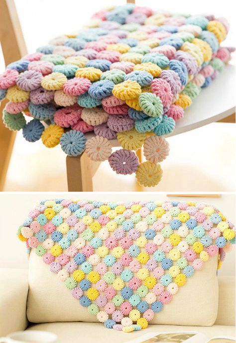 Macaron Blanket - Tutorial Puff Blanket, Crochet Flower Blanket, Crochet For Beginners Blanket, Easy Crochet Blanket, Easy Crochet Projects, Flower Blanket, Crochet Circles, Crochet Things, Manta Crochet