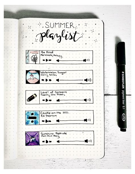 Fun Bullet Journal Ideas, Music Bullet Journal, Summer Bujo, Monthly Bullet Journal, Bullet Journal Page, Bullet Journal Ideas Templates, Scrapbook Cover, Creating A Bullet Journal, Bullet Journal Mood Tracker Ideas