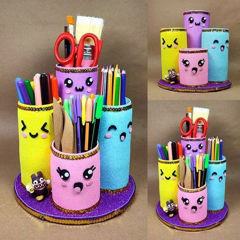 Pen Holder Diy, Diy Pencil Holder, Diy Stationary, Cardboard Crafts Diy, Toilet Paper Crafts, Easy Paper Crafts Diy, Hand Crafts For Kids, Kraf Diy, Diy Holder