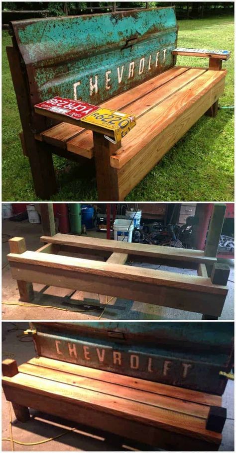 Diy Patio Bench With An Old Car Tailgate - Patio & Outdoor Furniture - Amazing  DIY project for car lovers. This bench is made from reclaimed car materials and wood parts, could be pallets… The … Read More » #Bench #Diygardenideas #Gardendesign #Gardenideas #Gardeningtips #Gardens #Outdoorfurniture #Pallets #Patio #Recycle #Tutorial #Woodworking Tailgate Benches, Diy Patio Bench, Diy Garden Bench, Diy Gutters, Tailgate Bench, Log Bench, Diy Furniture Chair, Wall Bench, Garden Bench Diy