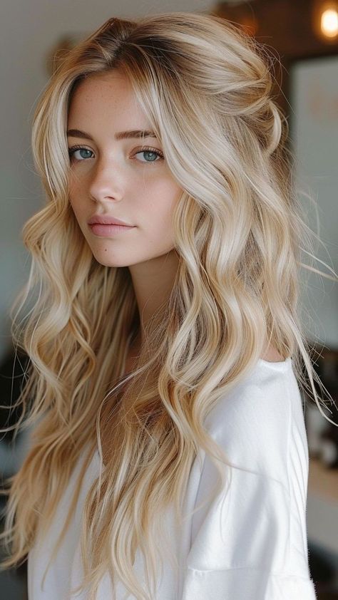 Wedding Hair Blonde Mid Length, Long Hair Down Styles Wedding, Wedding Hair Relaxed, Half Up Waves Wedding Hair, Wedding Hairstyles Half Up Half Down Long Hair, All Down Wedding Hair Down Hairstyles, Wedding Hairstyles Timeless, Loose Beach Waves Wedding Hair, Pinned Back Hairstyles Wedding