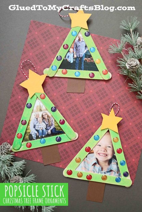 Popsicle Stick Christmas Tree Frame Ornaments - Kid Craft Christmas Tree Frame, Frame Ornaments, Stick Christmas Tree, December Crafts, Christmas Crafts For Toddlers, Preschool Christmas Crafts, Ornament Craft, Kids Christmas Ornaments, Christmas Kindergarten