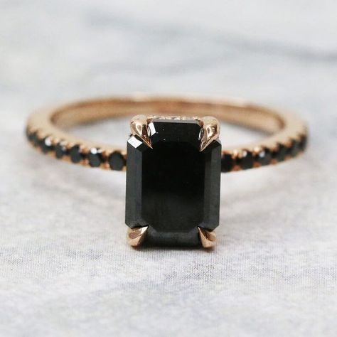 3ct Black Diamond Engagement Ring, Black Emerald Cut Engagement Ring, Black Diamond Gold Engagement Ring, Black Diamond Engagement Ring Simple, Black Emerald Cut Diamond Ring, Black And Gold Engagement Ring, Black Sapphire Engagement Ring, Rings With Black Stones, Black Band Engagement Ring