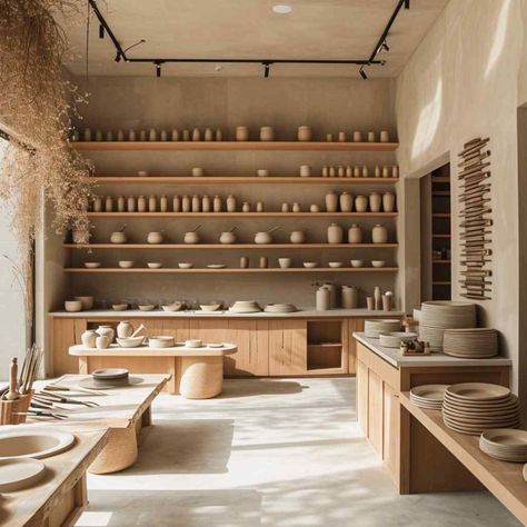 38 Innovative Ceramic Ateliers: Embracing Minimalist Design Principles Pottery Studio Architecture, Egyptian Bedroom Ideas, Pottery Showroom, Egyptian Bedroom, Burlap Window Treatments, Burlap Valance, Ceramic Store, Studio Spaces, Pottery Store