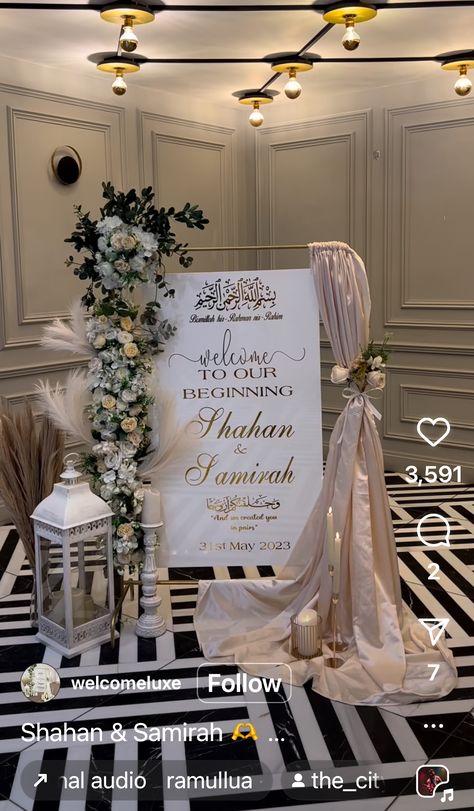 Nikah Setup Ideas, Nikkah Entry Ideas, Entrance Engagement Decor, Nikkah Set Up At Home, Marquee Nikkah, White Wedding Decor Elegant Indoor, Nikkah Entrance Board, Nikkah Entrance Sign, Nikkah Inspo Decor