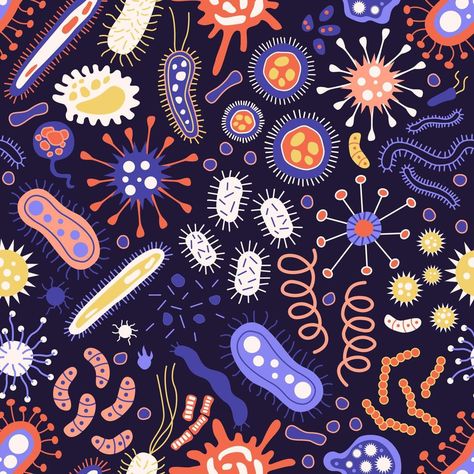 Seamless pattern Bundle of infectious microorganisms. Cartoon infectious germs, protests, microbes. A bunch of diseases that cause bacteria, viruses Bacteria Cartoon, Microscopic Images, Biology Art, Anime Toon, Bio Art, Paper Flower Decor, Cartoon Background, Health Lifestyle, Art Lessons