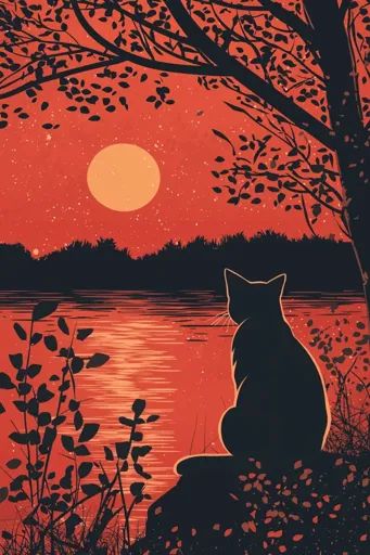 ↑↑↑ Larger size on website 🔸 A black cat sits on a rock by a still lake, its silhouette outlined against a fiery red sunset. The Cat Sunset, Cat Silhouette Photography, Cats Sunset, Cat Looking At Moon, Black Cat In Sunlight, Sunset Silhouette, Red Sunset, Fiery Red, Cat Sitting