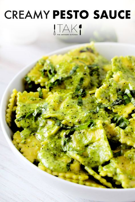 You can’t go wrong with this Creamy Pesto Sauce recipe! It's rich, velvety smooth and packed with fresh basil, Parmesan cheese, garlic, and tons of flavor. Savory notes are balanced and brightened with freshly squeezed lemon juice for a sauce that's simply over-the-top delicious! Requiring only 6 ingredients and 5 minutes to make, you can count on this homemade pesto sauce to be your go-to, weeknight dinner secret weapon! Creamy Pesto Sauce Recipe, Pesto Sauce Recipe, Creamy Pesto Sauce, Homemade Pesto Sauce, Basil Pesto Sauce, Homemade Garlic Bread, Squeezed Lemon, Cold Pasta Salad, Creamy Pesto