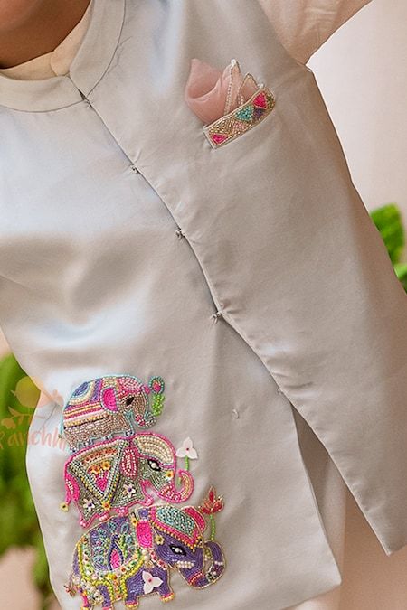 Embroidered Silk Bundi Embroidered Elephant, Gents Kurta Design, Kids Party Wear, Gents Kurta, Boys Kurta, Mens Kurta Designs, Kids Fashion Dress, Kids Designer Dresses, Embroidered Blouse Designs