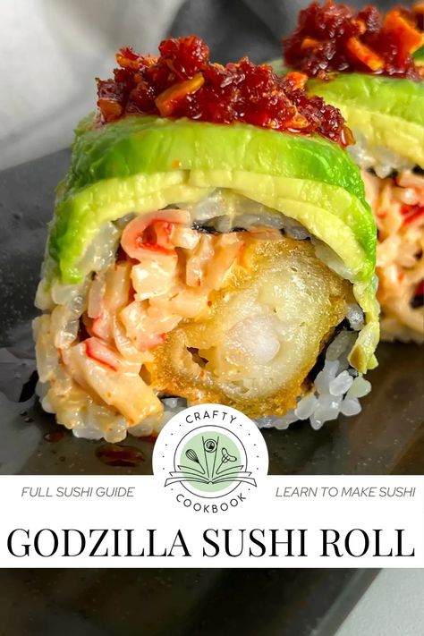 Godzilla Roll (Sushi) Godzilla Sushi Roll, Sushi Spicy Crab, Tempura Shrimp Sushi Bowl, Gourmet Sushi Recipes, San Antonio Roll Sushi Recipe, California Hand Roll, Crab Sushi Roll Recipes, Crunchy Sushi Roll Recipe, Sushi Pockets Recipe