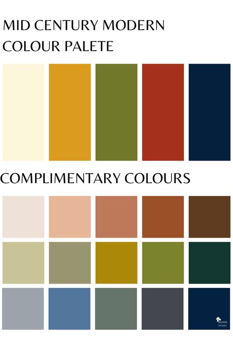 Text says mid-century modern colour palette, then has 5 colour swatches in rectangles. 
Text says complimentary colours then has 15 colour swatches in squares Mid Century Modern One Bedroom Apartment, Colour Palette Mid Century Modern, Mid Century Mod Color Palette, Mid Century Colours Color Palettes, Cool Tone Mid Century Modern, Mid Century Modern Pallet, Mid Century Modern Color Pallet, Mid Century Color Palette Paint Colours, Midcentury Modern Colors Palette