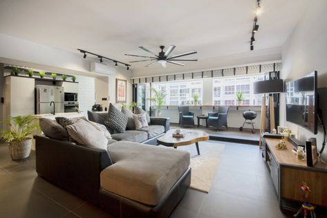 A resale flat gets a large enclosed balcony and more space | Lookboxliving Singapore Interior Design, Black Floor Tiles, Singapore Interior, Living Room Renovation, Interior Design Singapore, Interior Design Concepts, Room Renovation, Contemporary Interior Design, Spacious Living