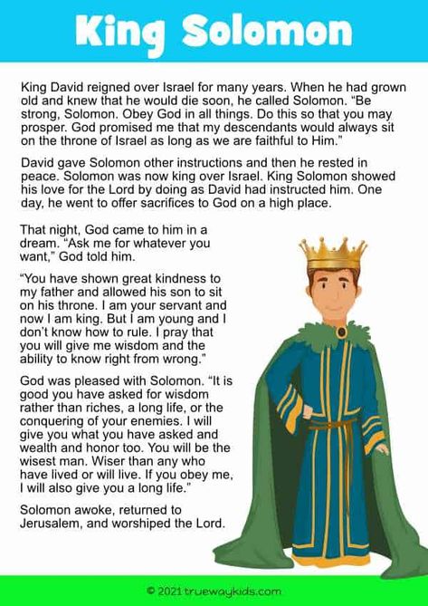 Our free printable Bible lessons for kids include lesson guides, worksheets, coloring pages, crafts and more! Perfect for kids aged 5 - 10, these lessons make learning about King Solomon fun and easy. Click here to download our lesson pack today Solomon Bible, Bible Parables, Sunday School Worksheets, Bible Heroes, Wisdom Bible, Worksheet For Kids, Preschool Bible, Bible Stories For Kids, Bible Study For Kids