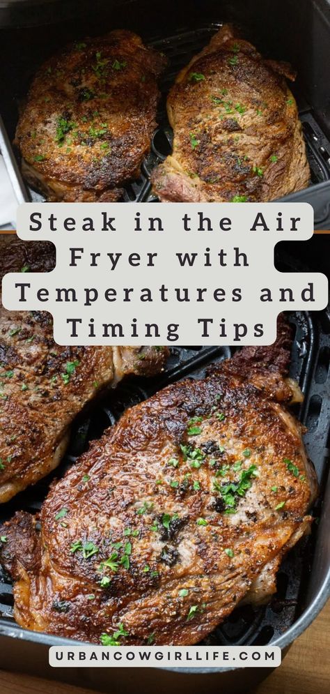 Unlock the secrets to perfect Air Fryer Steak with this simple guide, featuring foolproof temperatures and timing for delicious results every time!| steak in the air fryer, steak in the air fryer recipe, steak in air fryer how to cook, steak in air fryer, air fryer recipes, easy dinner recipes| Air Fryer Steaks Rib Eye, Steaks In Air Fryer How To Cook, Steak Cooked In Air Fryer, Steak Airfryer Recipe, Thick Steak In Air Fryer, T Bone Steak In Air Fryer How To Cook, Best Air Fryer Steak Recipes, Steak Air Fryer Times, Well Done Steak In Air Fryer