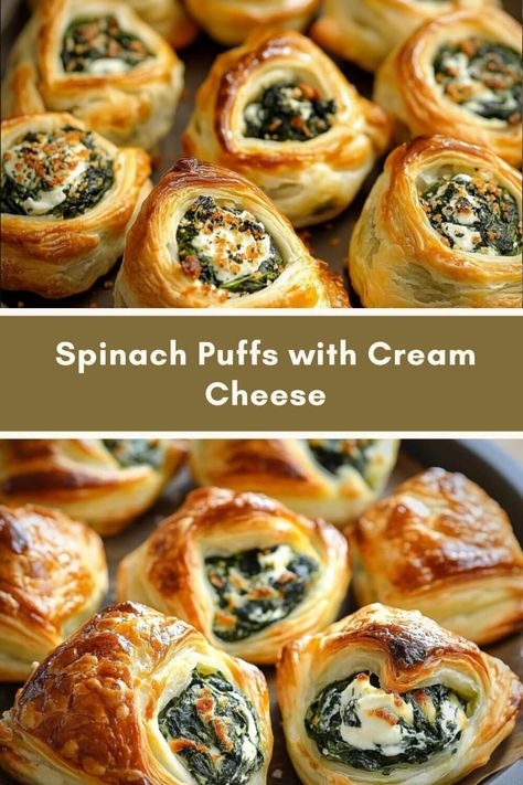 Spinach Puffs with Cream Cheese Savory Cream Cheese Appetizers, Stuffed Cheese Puffs, Spinach Crescent Rolls Appetizers, Boursin Cream Cheese Puff Pastry Appetizer, Spinach Cream Cheese Puff Pastry, Spinach And Cream Cheese Recipes, Puff Pastry Finger Food, Spinach Puff Pastry Appetizers, Cream Cheese Spinach Puffs