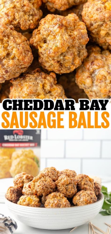 Cheddar Bay Sausage Balls are delicious bite sized balls made with sausage meat, shredded cheddar cheese and Red Lobster Cheddar Bay Biscuit mix. Sausage And Cheddar Biscuits, Cheddar Bay Sausage Balls Cream Cheeses, Grilled Cheese Social Sausage Balls, Cheddar Bay Biscuit Appetizer, Firecracker Sausage Balls, Red Lobster Cheddar Bay Biscuits Sausage Ball, Sausage Balls Made With Red Lobster, Red Lobster Mix Sausage Balls, Old Bay Sausage Balls