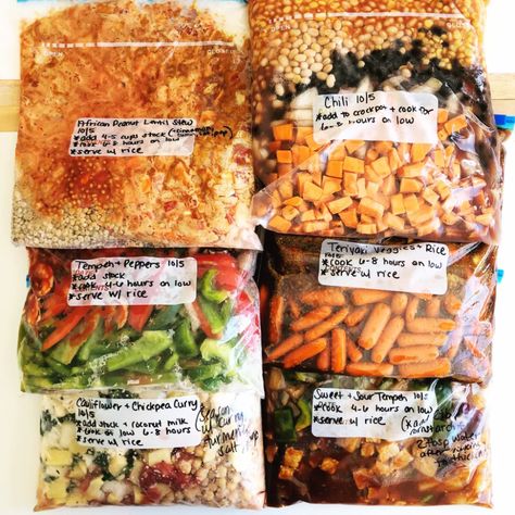 Freezer Lentil Soup, Lentil Freezer Meals, Vegan Crock Pot Meals, Vegan Freezer Meal Prep, Meatless Freezer Meals, Vegan Freezer Meals Make Ahead, Plant Based Freezer Meals, Veggie Freezer Meals, Teriyaki Veggies