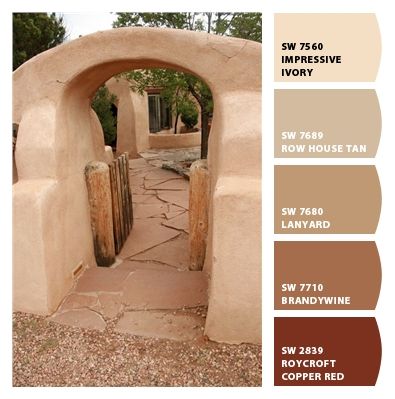 Adobe House Paint Colors, Southwestern Wall Colors, Hacienda Exterior Paint Colors, Sherwin Williams Southwest Paint Colors, Southwest Wall Colors, Adobe Paint Colors, Western Wall Colors Paint, Desert Home Exterior Paint Colors, Southwest Paint Colors Interior