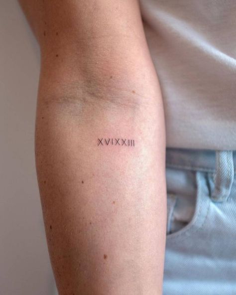 Roman numeral on the inner forearm. Roman Numeral Tattoos, Roman Numbers Tattoo, Wörter Tattoos, Outer Forearm Tattoo, Numeral Tattoo, Inner Forearm Tattoo, Date Tattoos, Single Needle Tattoo, Small Forearm Tattoos