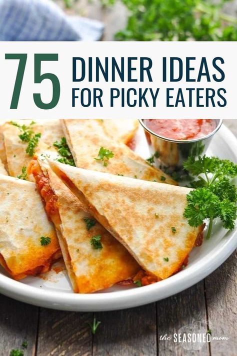 Coming up with new dinner ideas for picky eaters can be so challenging! That's why you'll love this convenient collection of 75 easy kid-friendly meals that your entire family will enjoy. Dinner Ideas For Picky Eaters, Recipes Meatloaf, Picky Eaters Dinner, Easy Dinners For Kids, Recipes Hamburger, Top Dinner Recipes, Toddler Picky Eater, Pasta Healthy, Meals Kids Love