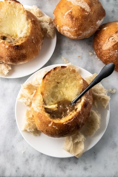 Sourdough Bread Bowls for Soup - Good Things Baking Co Bread Bowls For Soup, Sourdough Bread Bowls, Bread Bowl Soup, Mini Loaves, Danish Dough, Homemade Sourdough Bread, Homemade Sourdough, Bread Bowl, Baking Stone