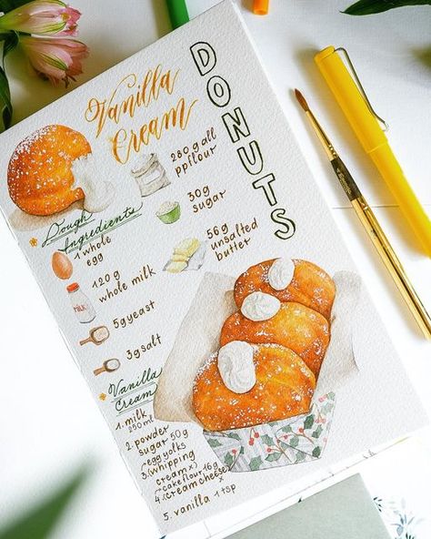 Culinary Notes Aesthetic, Food Illustration Recipe, Food Recipes Written Down, Food Illustration Art Watercolour, Recipe Sketchbook, Recipe Drawing Food Illustrations, Cookbook Illustration, Recipe Writing, Recipe Graphic