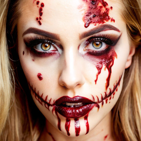 Scary Face Paint Ideas, Dead Face Makeup, Cracked Face Makeup, Scary Skeleton Makeup, Blood Face Paint, Gory Halloween Costumes, Scary Face Painting, Zombie Nurse Makeup, Creepy Face Paint