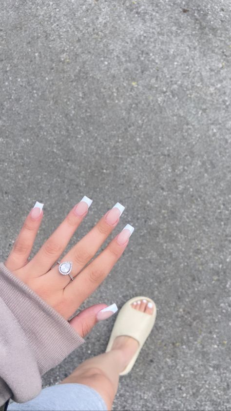 White Nails Acrylic French Tips, Short White Tips Acrylic Nails, White Frenchies Short, Short Acrylic Nails French Tip White, French Tip Clear Base, Nails For Homecoming Acrylic, Full Set White Tip Nails, White Shirt French Tip Nails, White Line Acrylic Nails