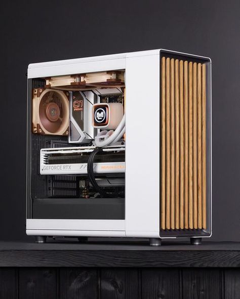 Mr Matt Lee on Instagram: "How do you define beauty?! 🤍🤎 Introducing my latest build in the stunning white Fractal North TG! Swipe 👈 for more angles from the photoshoot. Also, the build video with an epic cinematic has just launched! You should totally go watch that. Link in my stories and bio! This is the second build I’ve completed in the North, the first being black and walnut. For this one I really wanted to embrace that cosy snowy winter log cabin vibe, taking the brown and white colours Fractal North Pc, Fractal North Case, Minimalist Pc Build, White Pc Case, Brown Pc Setup, Cool Pc Builds, Fractal Design North, Design Tech, Black And White Pc