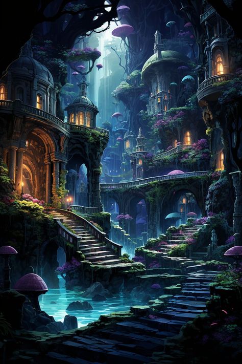 Whimsical Architecture, Underground Society, Mystical Beings, Wallpaper Fantasy, Landscape Digital Art, Fantasy Cottage, Underground City, Fantasy Wallpaper, Alternate Reality