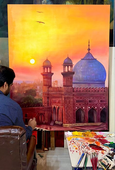 Oil painting Acrylic Painting Composition, Islamic Architecture Painting, Badshahi Mosque Painting, Mosque Painting Islamic Art, Blue Mosque Painting, Masjid Painting, Cultural Drawing, Palace Painting, Mosque Painting