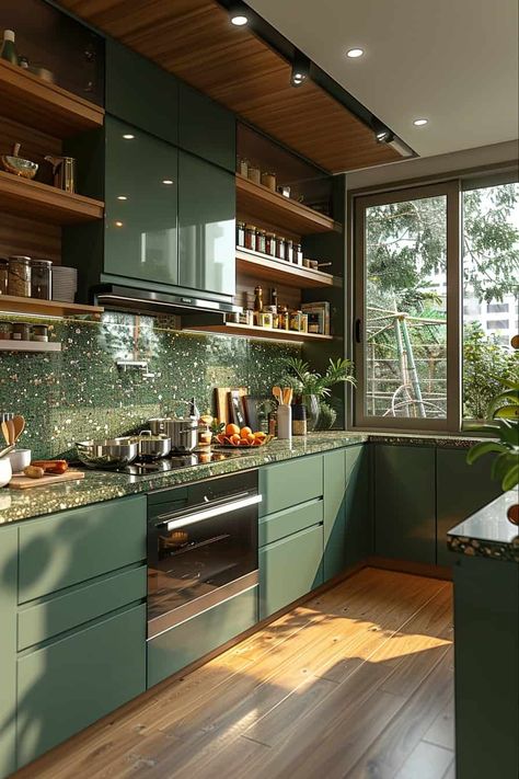 15 Green and Wood Kitchen Design Tips | Green Snooze Green Kitchen Aesthetic Modern, Nature Friendly Homes, Kitchen Green Ideas, Earthy Interior Design Kitchen, Jade Countertops Kitchen, Eco Kitchen Design, Green Wood Aesthetic, Green Interior Design Kitchen, Dream House Decor Kitchen