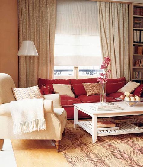 How is a light colored curtain used? Heavy bright colored sofa, a medium colored wall, with a light colored curtain, balanced out, delicate feeling! Red Couches, Casual Living Room Design, Red Couch Living Room, Nest Ideas, Color Palette Living Room, White Coffee Table, Red Living, Staging Ideas, Small Living Room Design