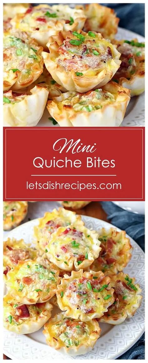 Ham And Swiss Mini Quiche, Quiche Pastry Cups, Brunch Quiche Mini, Mini Phyllo Cup Quiche, Wonton Quiche Cups, Mini Breakfast Keish, Small Bites For Brunch, Small Bites For Breakfast, Breakfast Phyllo Cups