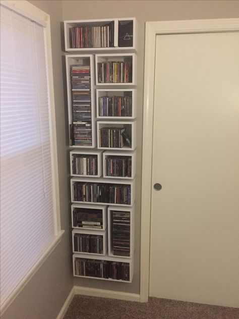 Custom box shelf CDs/DVDs Dvd Display Ideas Diy, Shelves For Dvds, Creative Dvd Storage Ideas, Dvd Storage Ideas Aesthetic, Movie Shelf Ideas Dvd Storage, Dvd Storage Aesthetic, Dvd Shelf Ideas, Movie Shelf Ideas, Cd Shelf Aesthetic