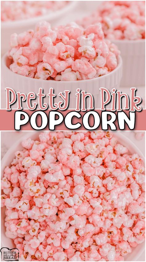 Pink Food For Party, Easy Pink Foods For Party, Girly Party Food, Pink Colored Food Ideas, Pink Party Desserts, Cute Pink Deserts, Pink Food Party, Party Popcorn Recipe, Pink Themed Snacks