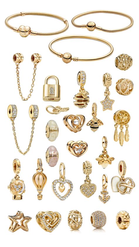 Pandora gold charm bracelet inspo #pandora #charms #gold #bracelet #jewelry #inspo Pandora Charms Gold, Making Beaded Jewelry, Pandora Bracelet Charms Ideas, Xoxo Jewelry, Pandora Bracelet Designs, Jewelry Closet, Dope Jewelry Accessories, Pandora Gold, Pandora Jewelry Charms