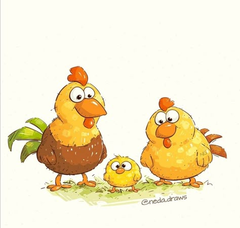 Hen Cartoon Drawing, Chicken Easter, Chicken Drawing, Chicken Illustration, Painting Cute, Illustration Art Kids, Draw Cartoon, Cartoon Birds, Family Drawing