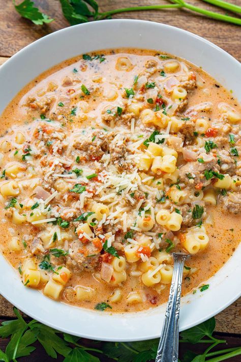 Creamy Parmesan Italian Sausage Soup Soup With Hot Sausage, Chicken Recipes Cold Weather, Cheesy Italian Sausage Soup, Crock Pot Meals That Can Cook All Day, Dinners Husband Will Love, Light Delicious Dinner, No Bean Soup Recipes, Soup Recipes For Summer, Easy Tasty Soup Recipes