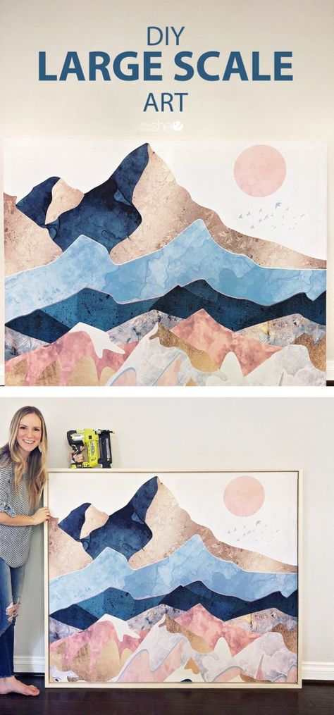 I love the look of giant canvas art, but they’re so expensive. Here’s a great tutorial of how to DIY one in a budget friendly way! Large Canvas Art Diy, Diy Large Wall Art, Large Scale Art, Diy Wand, Scale Art, Canvas For Beginners, Canvas Painting Diy, Diy Home Decor Bedroom, Large Canvas Art