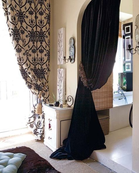 curtains in archway - think this could work between the kitchen and living room? Black White Curtains, Kitchen Open Concept, Temporary Room Dividers, Fabric Room Dividers, Bamboo Room Divider, Sliding Room Dividers, French Curtains, Hanging Room Dividers, Doorway Curtain